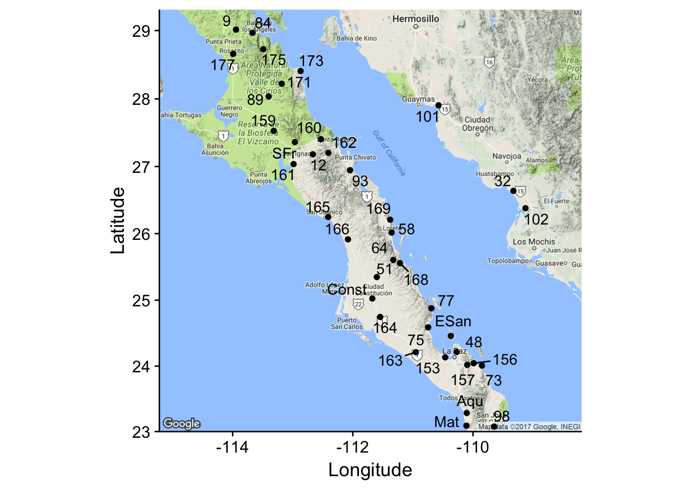 Sampling locales for the `arapat` data set.